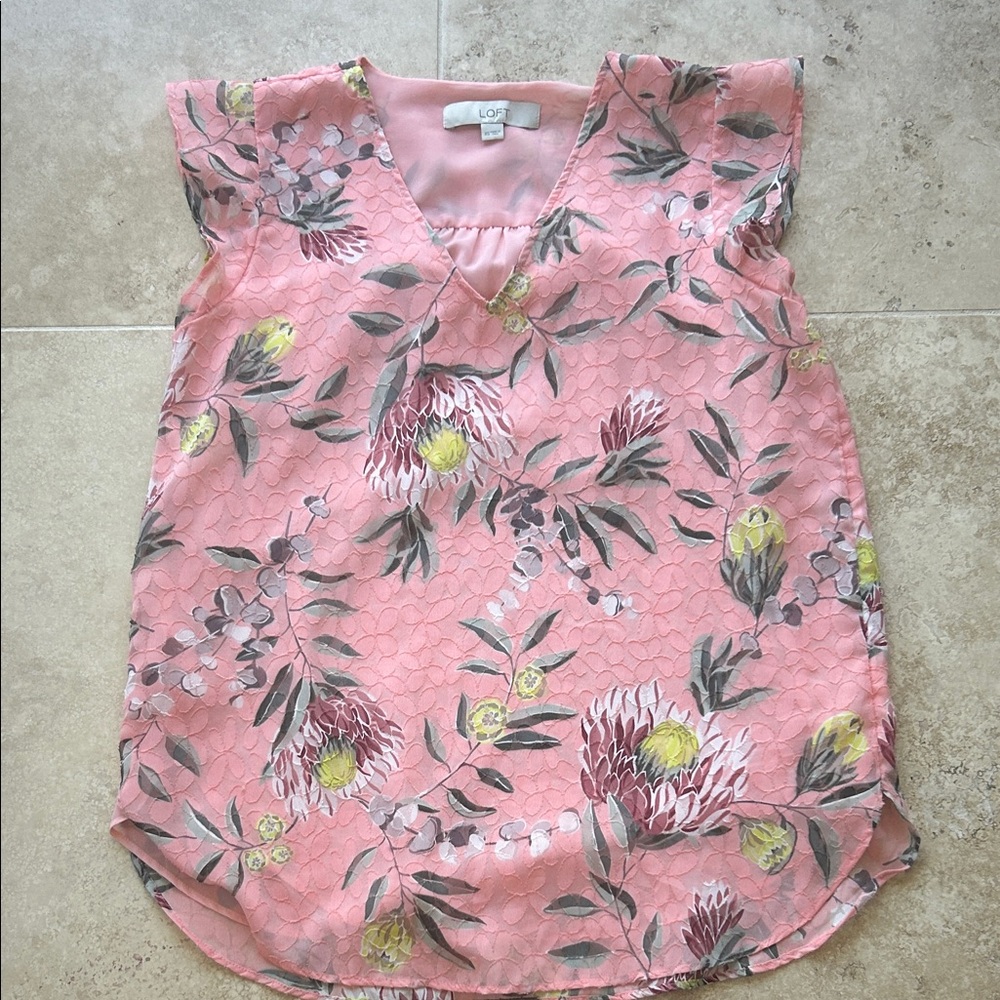 LOFT Blush Floral Top with Green and Yellow Accents